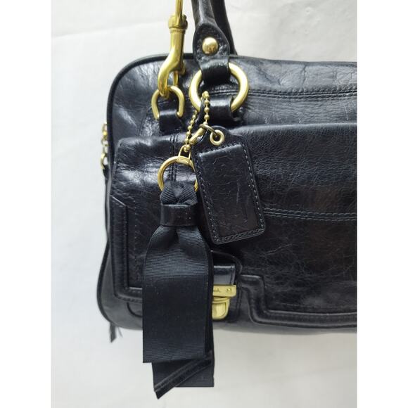 Coach Poppy Black Leather Double Pushlock Double Handles Satchel Bag - Picture 15 of 16